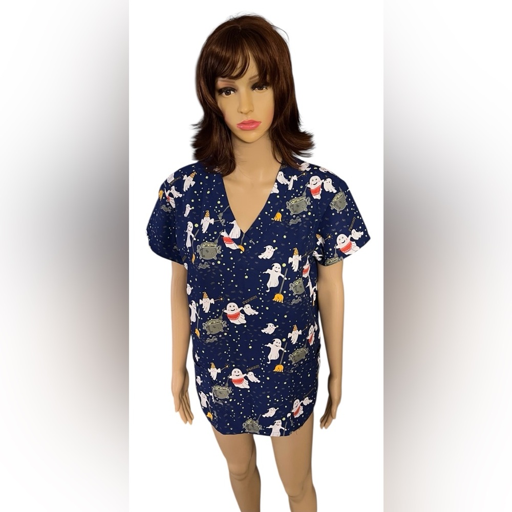 Women's Serene Uniform Scrub Top Blue Halloween-Fall Print - Picture 3 of 11